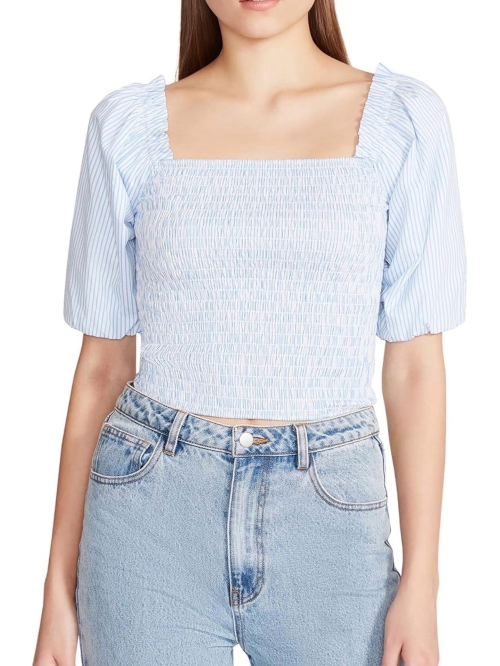 Steve Madden Blue & White Striped Smocked Puff Sleeve Top - Picture 5 of 5